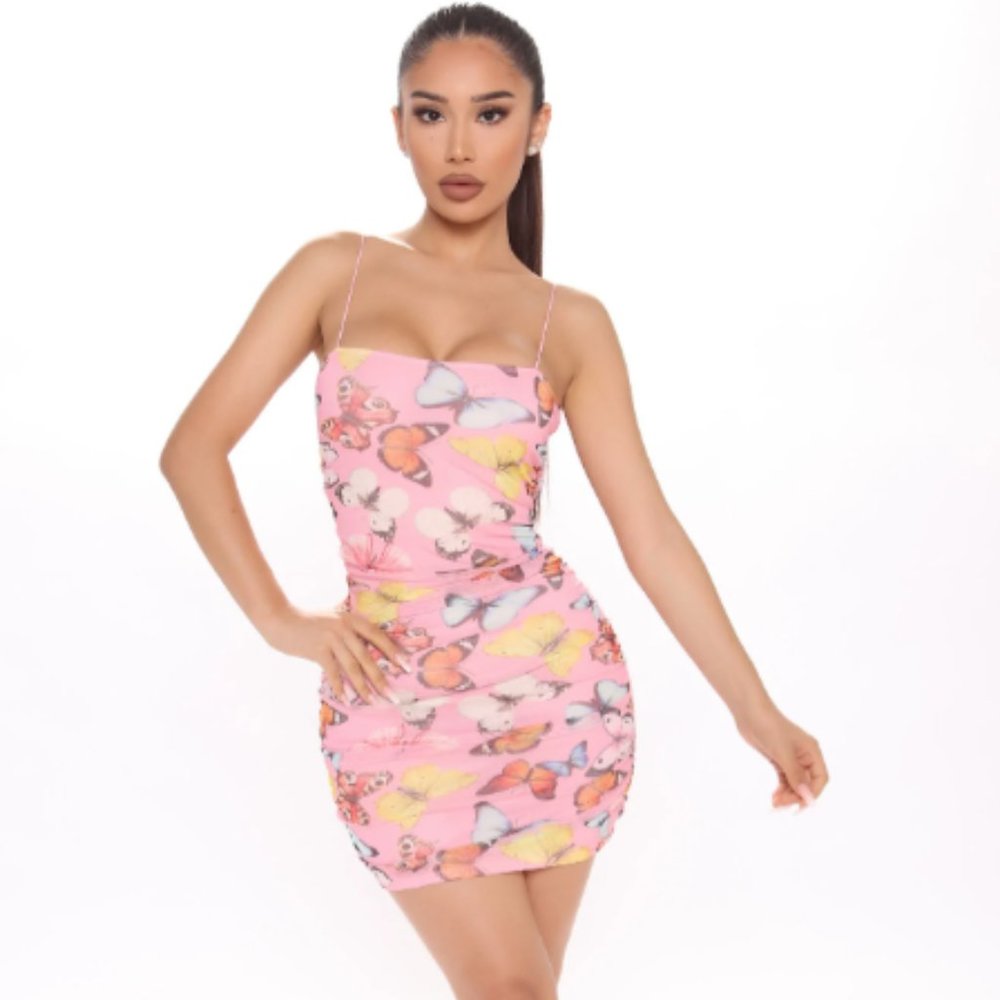 NEW Fashion Nova "Flutter You Away Butterfly Mini Dress - Pink/combo"